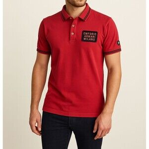 Emporio Armani Milano Red Polo Shirt Size S Short Sleeve Logo Patch Pre-Owned